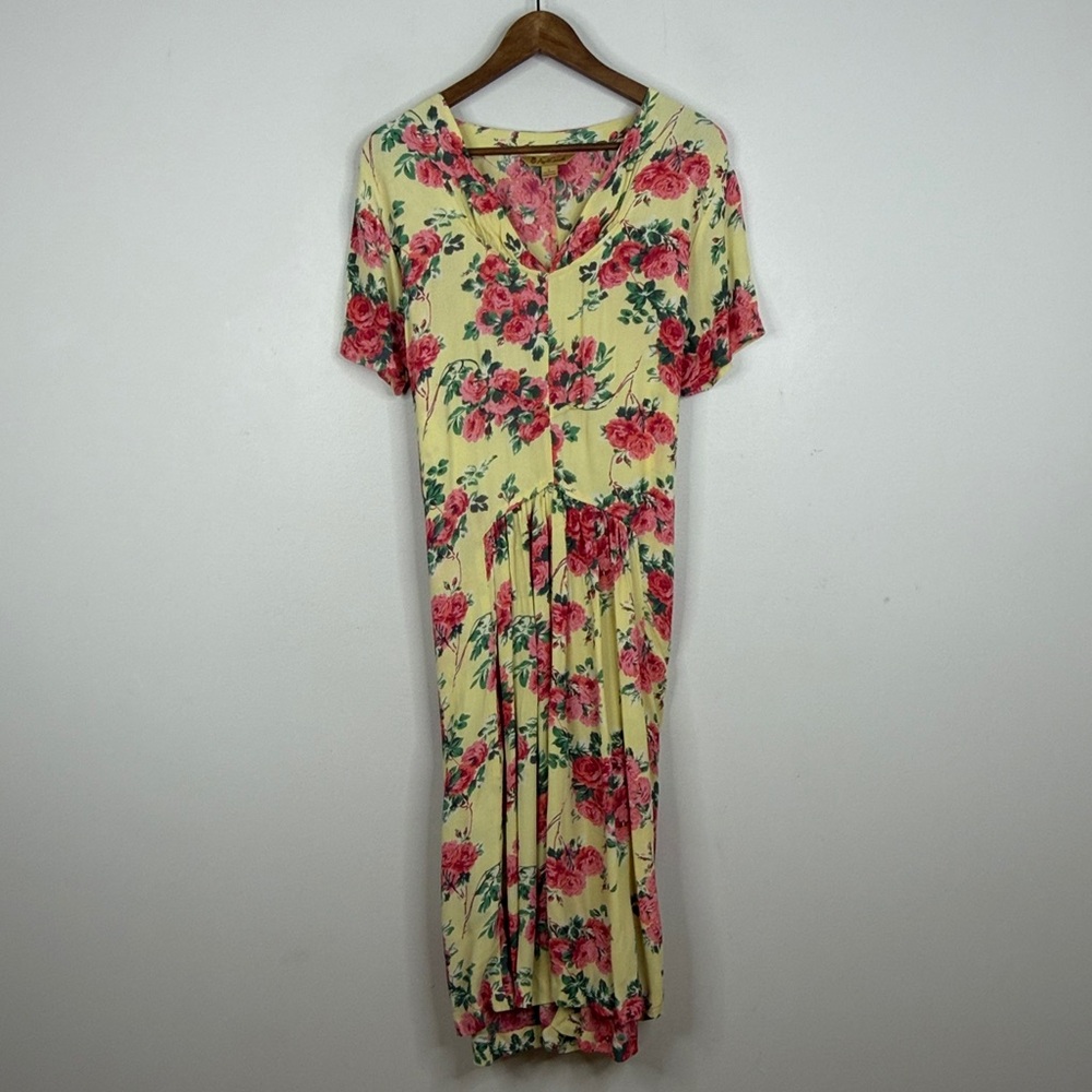 April Cornell Dress Womens Large Yellow Pink Floral Short Sleeve V Neck Midi